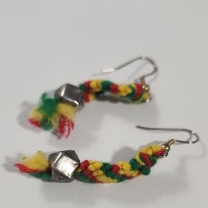 Handmade Rasta-colored Braided Thread Earrings Metal Cube Beads
